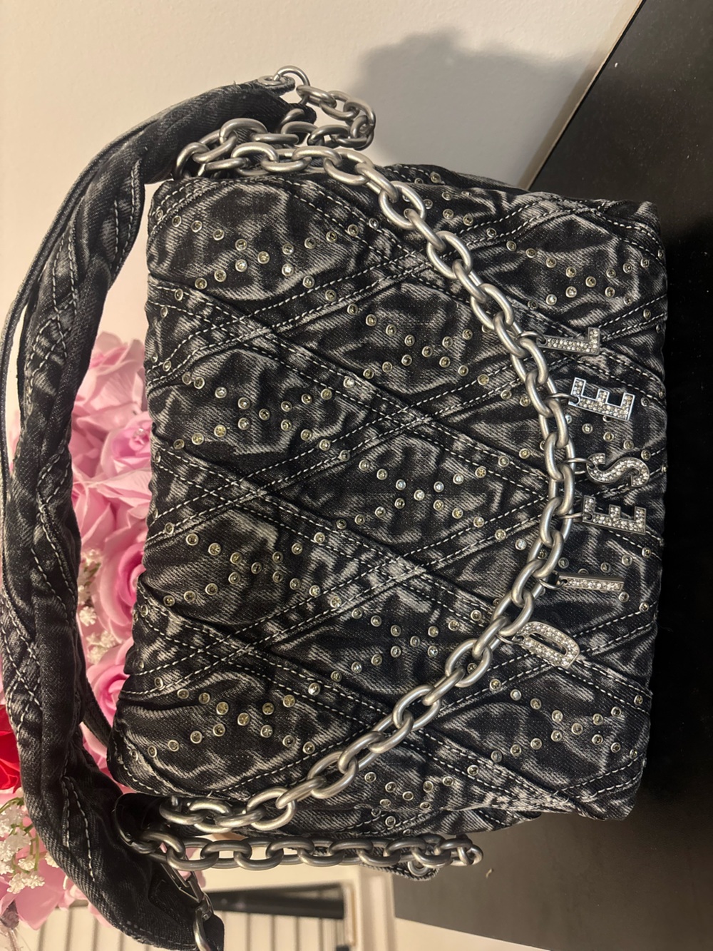 Diesel Black Quilted Studded Shoulder Bag with Silver Chain & Logo Charms